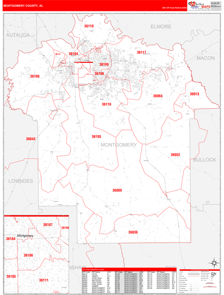 Montgomery County, AL Wall Map Red Line - MarketMAPS - DaVinciBG