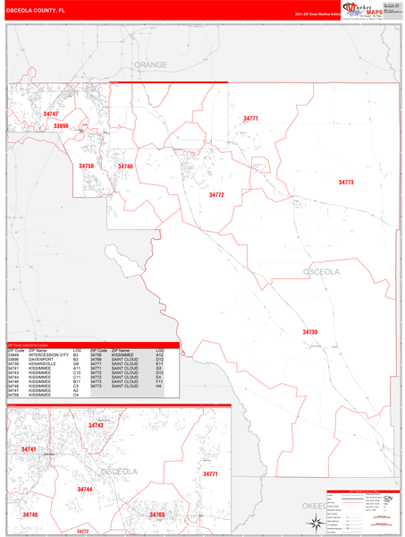 Osceola County, FL Wall Map Red Line - MarketMAPS - DaVinciBG