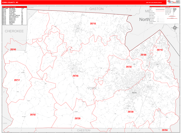 York County, SC Zip Code Wall Map Red Line - MarketMAPS - DaVinciBG